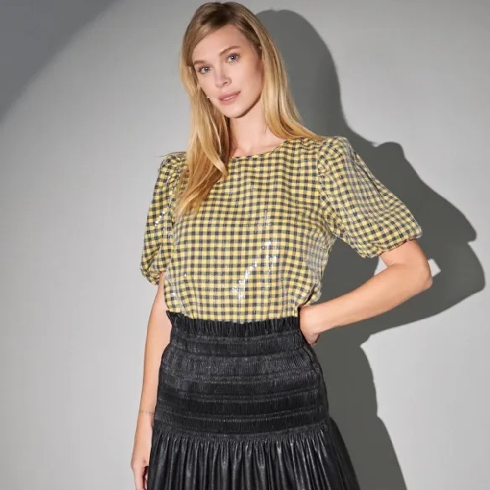 ENGLISH FACTORY SEQUINS PUFF SLEEVE GINGHAM TOP SMALL - Picture 9 of 9